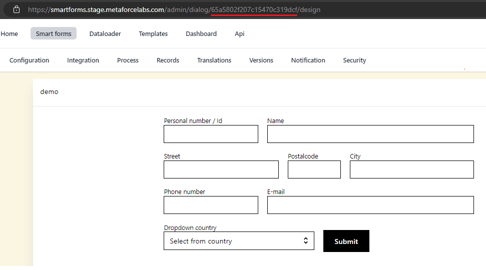 The Smartform id in the address bar of Studio