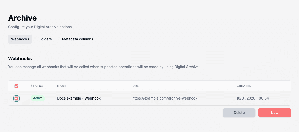 The Webhooks tab with one webhook selected