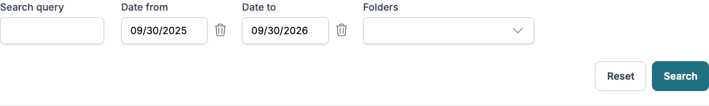 The filter with Search query, Date from, Date to and Folders
