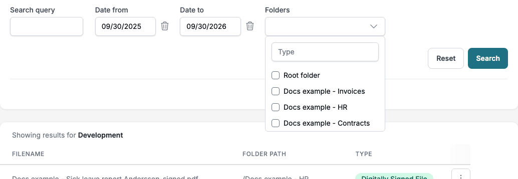 The Folders list with Root folder and three folders