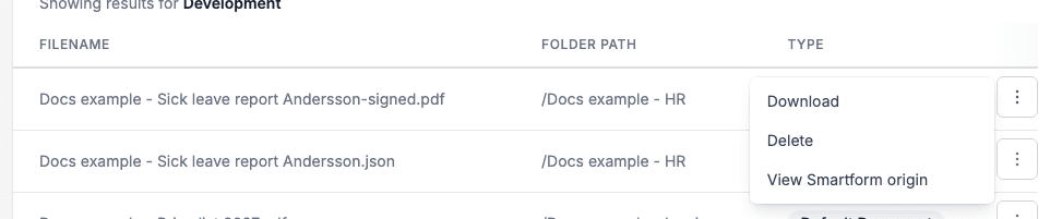 The row menu of a signed file