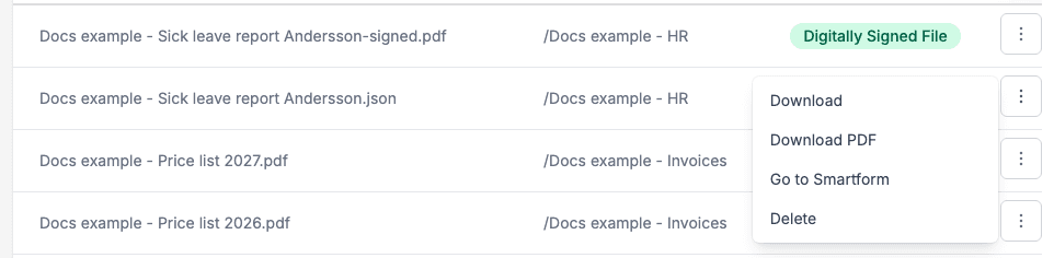 The row menu of a Smartform
