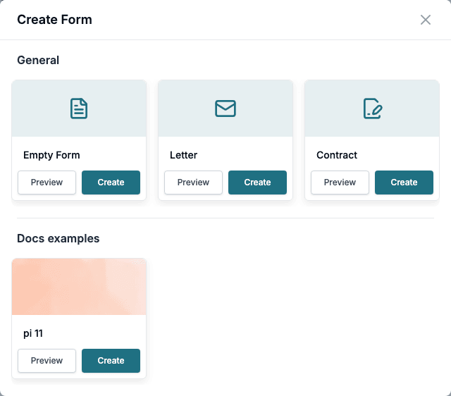 The Create Form dialog. Under General are Empty Form, Letter and Contract. Under the heading Docs examples is the installed Smartform template, with Preview and Create buttons.