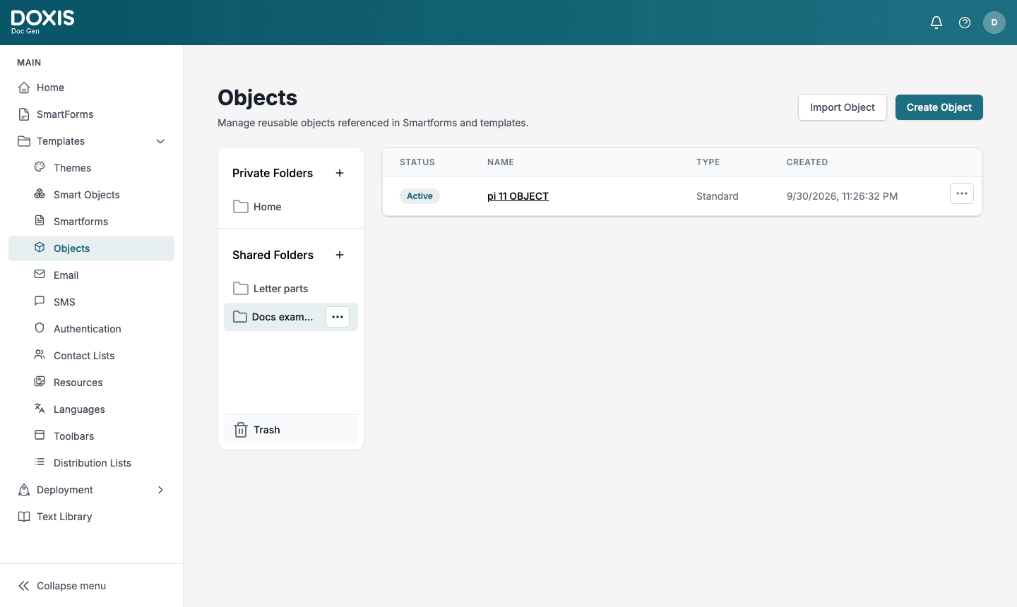Objects in Studio with the shared folder Docs examples selected. It holds the Object that came in the same Doxis Package.