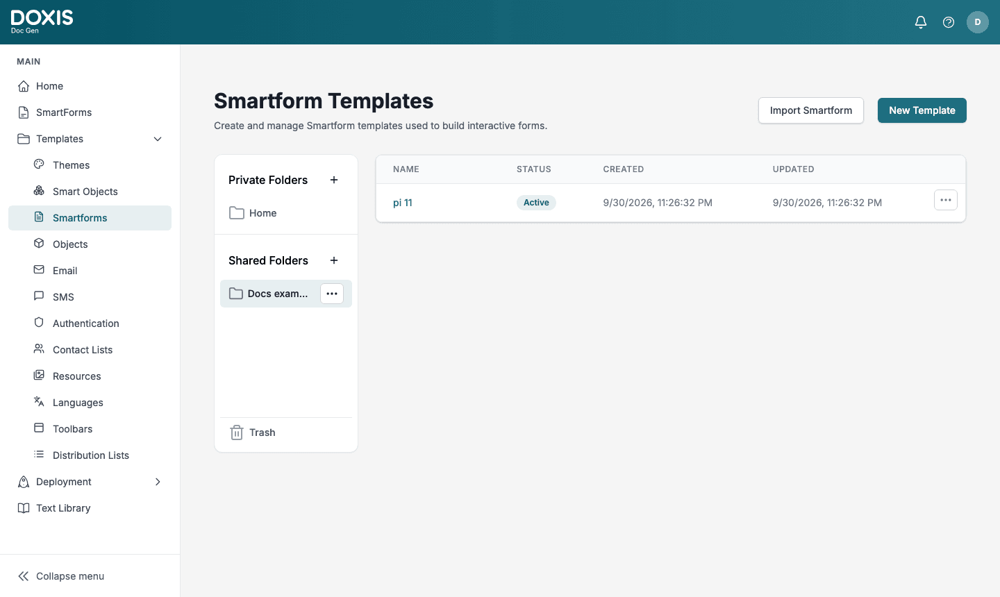 Smartform Templates in Studio with the shared folder Docs examples selected. It holds one installed Smartform template with the status Active.
