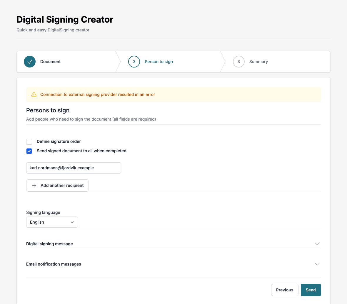 The creator after Send, with the message Connection to external signing provider resulted in an error