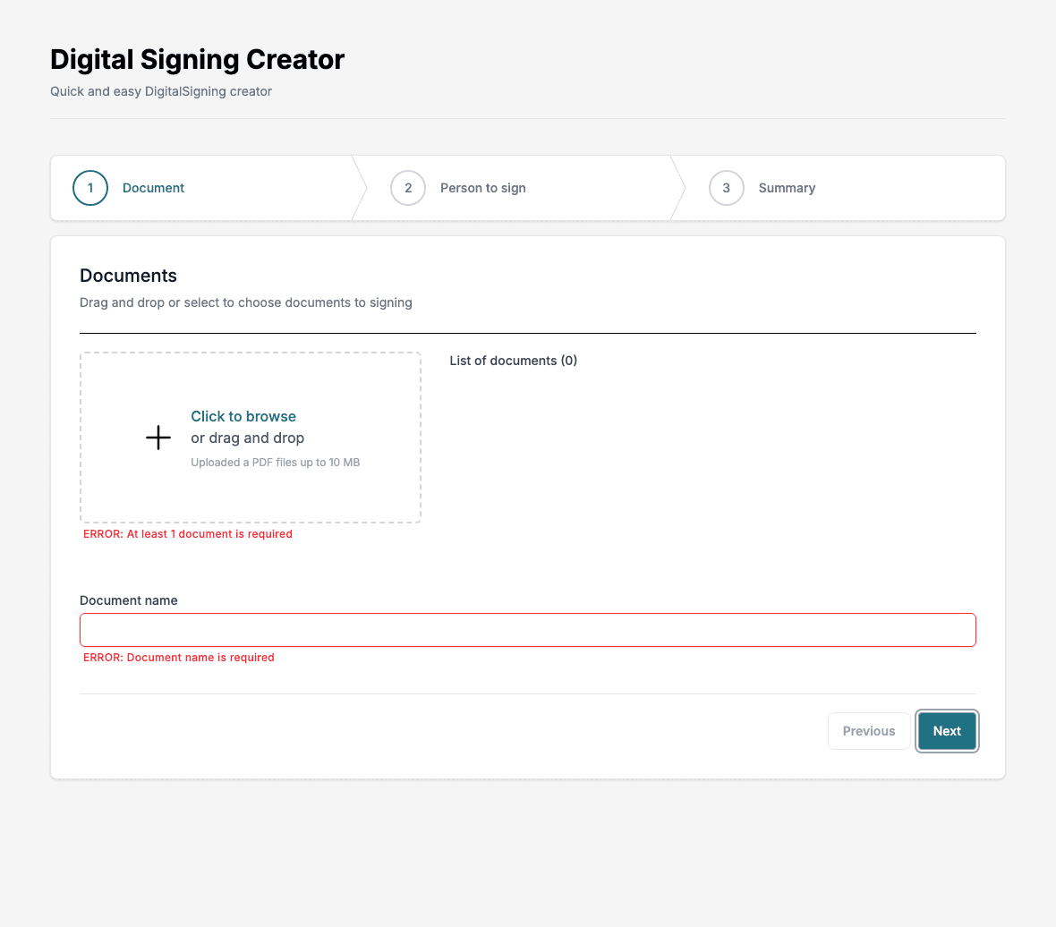 Step 1 with the errors At least 1 document is required and Document name is required