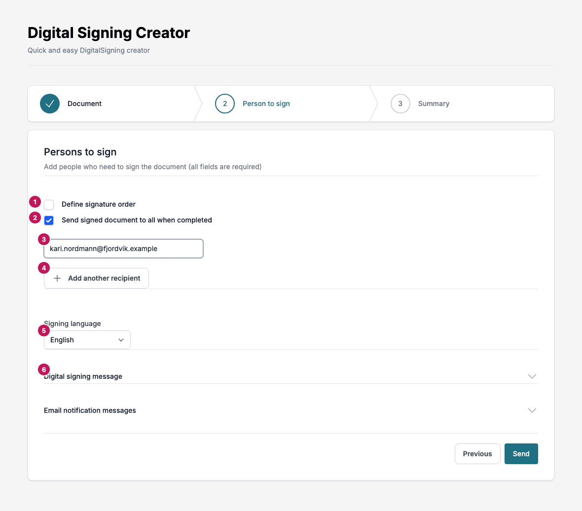 Step 2 of the creator with the options, one recipient, the language and two message panels