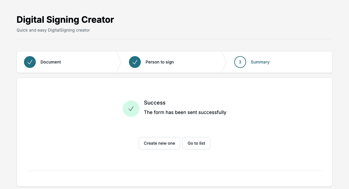 Step 3 with Success, The form has been sent successfully, and the buttons Create new one and Go to list