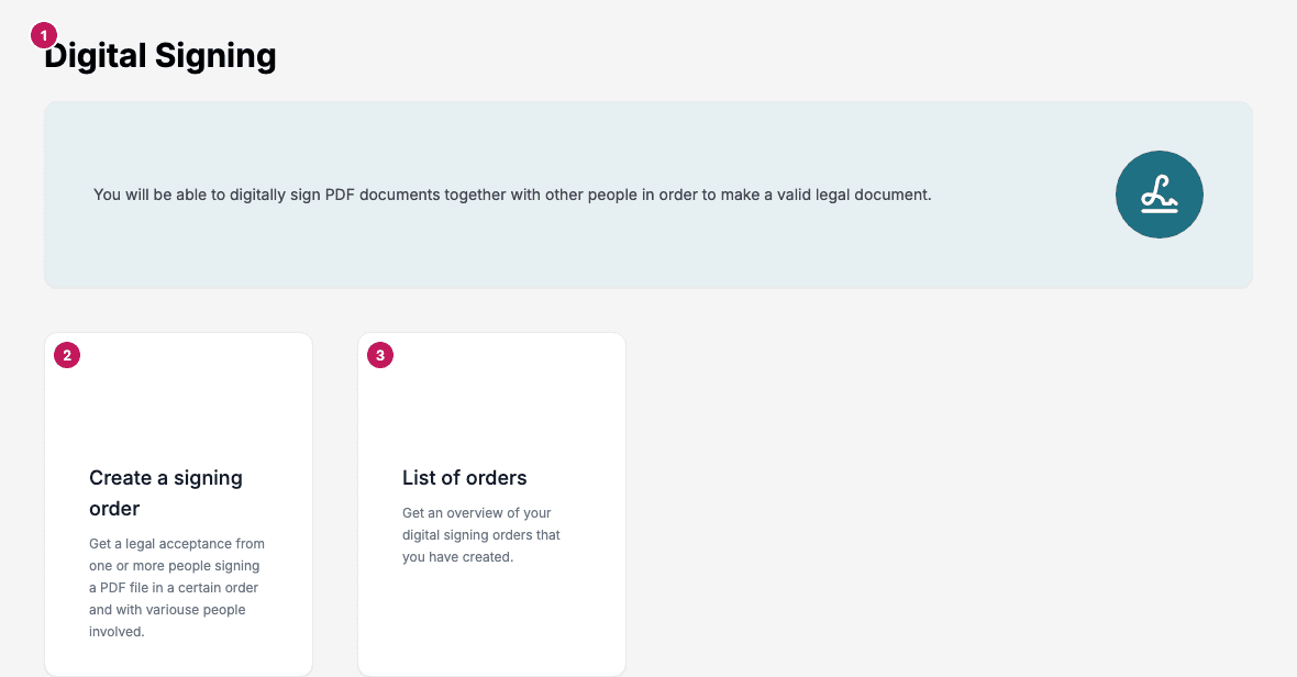 The Signature home page with a banner and the tiles Create a signing order and List of orders