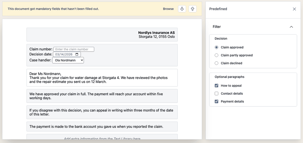 Switching predefined texts on and off