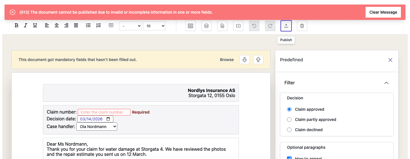 A required field left empty when you click Publish