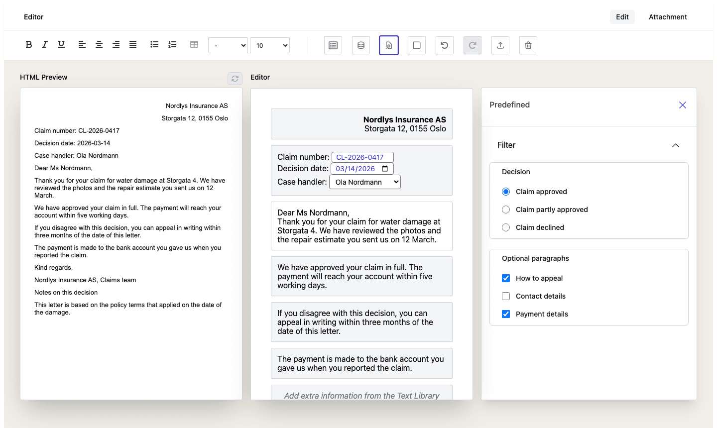 The editor with an HTML preview on the left