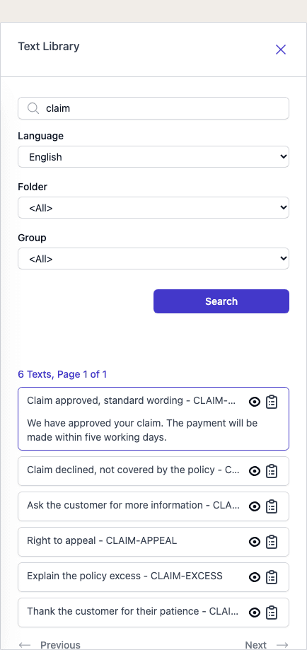 The Text Library panel with search results