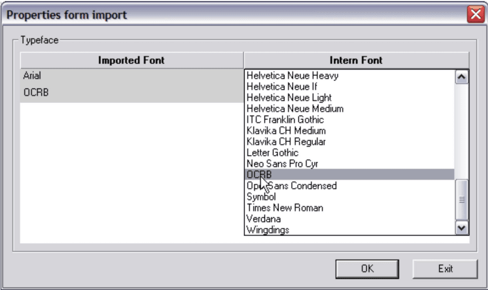 The Properties form import dialog where PDF fonts are mapped to Metaforce fonts