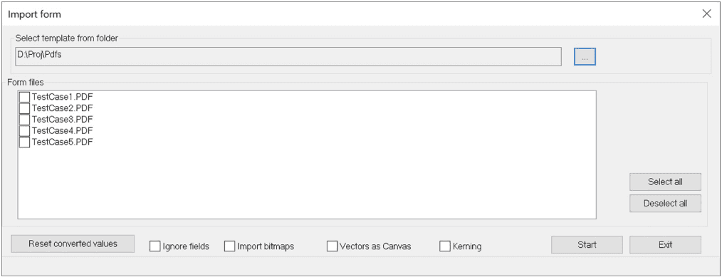 The Import form dialog with the folder, the list of PDF files and the import options