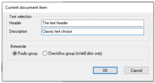 The Current document item dialog for a textchoice