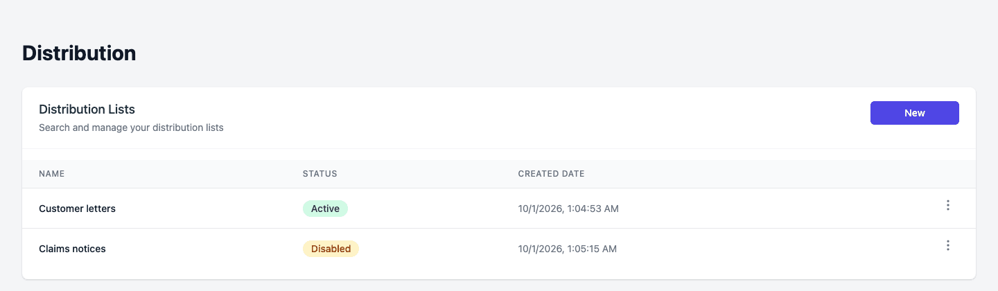 The Distribution Lists page