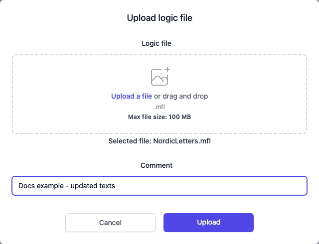The Upload logic file dialog