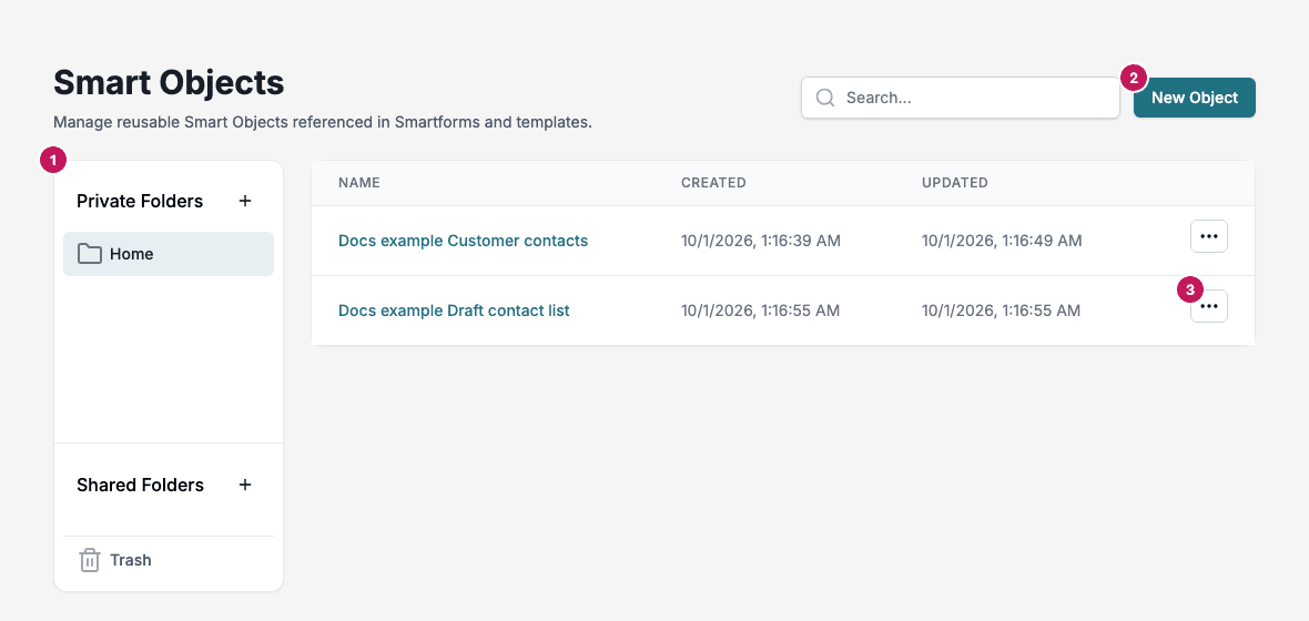 The Smart Objects screen with numbered markers on the folder panel, the New Object button and a row menu button.