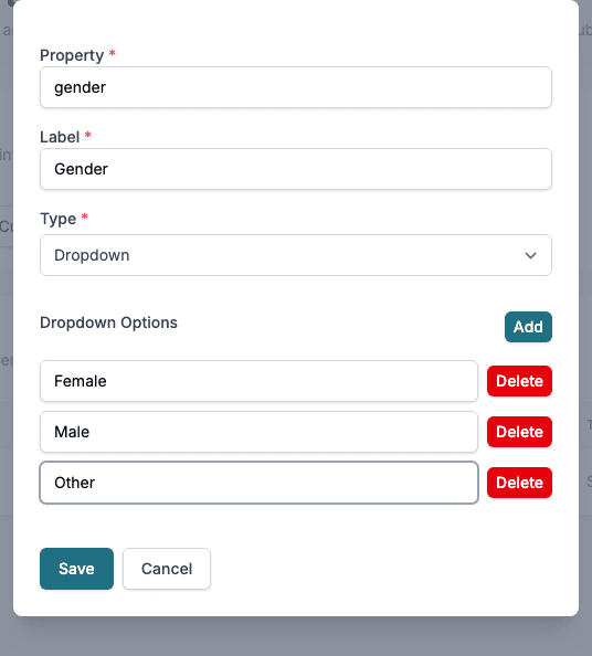 The property window with the property gender, the label Gender, the type Dropdown and the options Female, Male and Other.