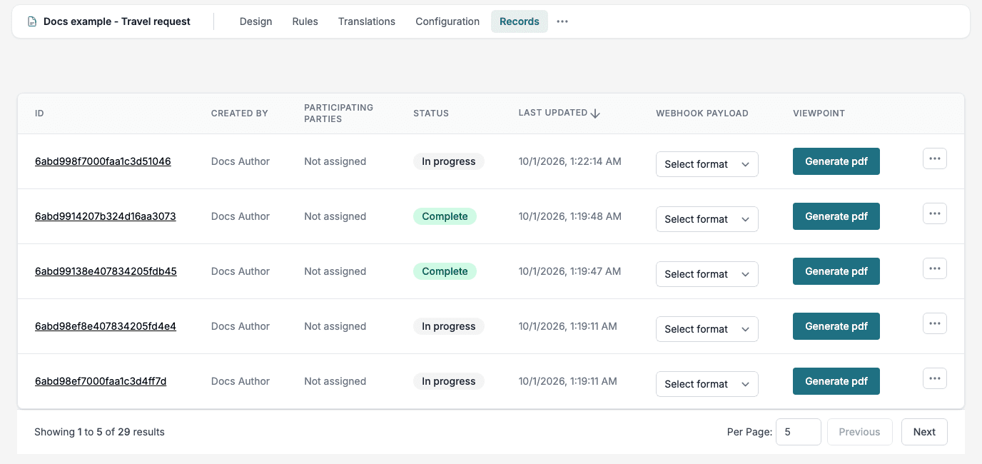 The Records list of a Smartform: each row is a record with its Id, Created by, Status, Last updated, Webhook payload and ViewPoint. Two records have the status Complete and three In progress.