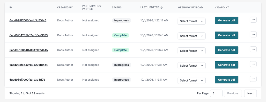 The Records list: Per Page is changed to 3, Next opens records 4 to 6, and the list is sorted by Last updated and then by Status.
