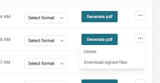 The menu of a record with two choices: Delete and Download signed files.