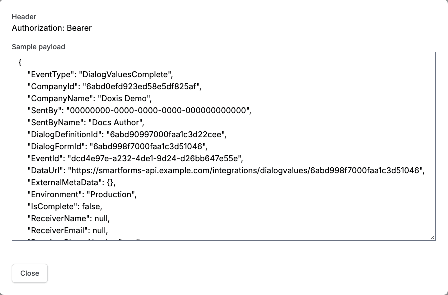 The Webhook payload window of a record: the header line Authorization: Bearer, and a sample payload in JSON that starts with EventType, CompanyId and CompanyName.