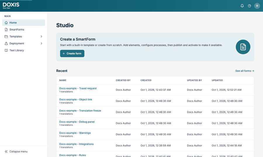 Creating a Smartform: Create form, Empty Form, the name, and the new Smartform in the Design tab