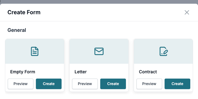 The Create Form window with the General templates Empty Form, Letter and Contract, each with Preview and Create