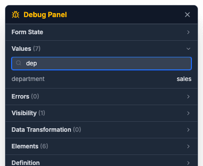 The Values section with the search text dep, showing the department value