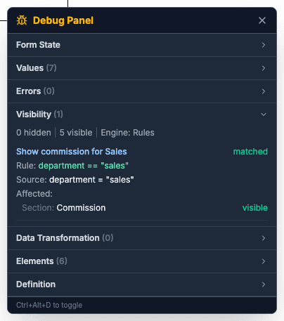 The Visibility section shows the rule Show commission for Sales as matched, with the Commission section visible