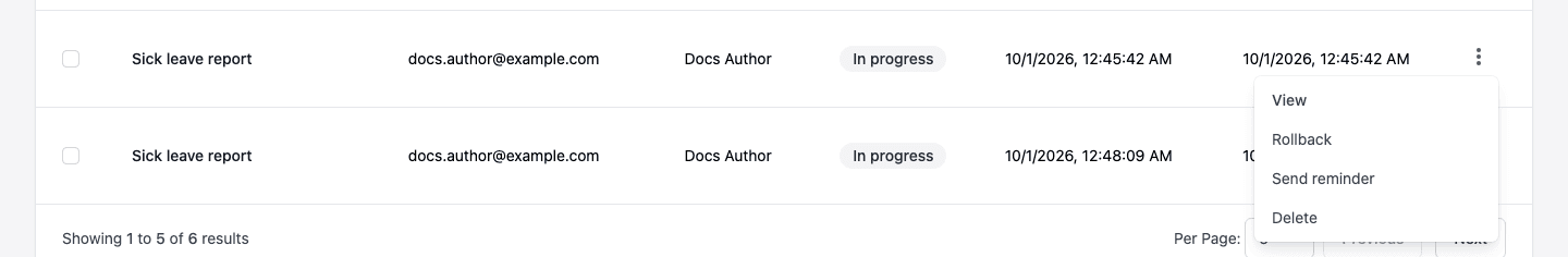 The Open options menu on a submission with View, Rollback, Send reminder and Delete
