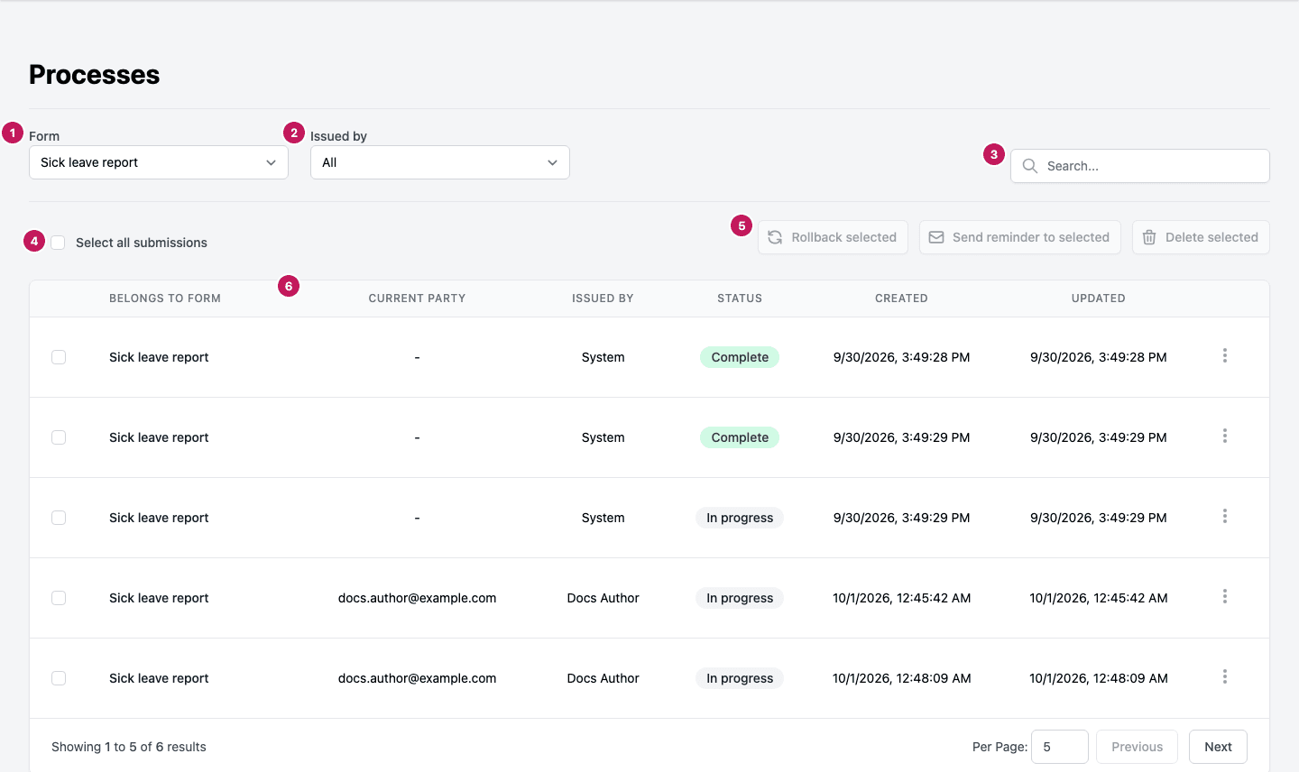 The submissions of a Smartform with numbered markers on the form and sender filters, the search box, Select all submissions, the bulk buttons and the table columns