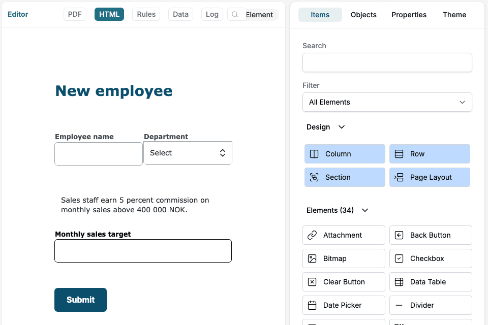 The Design tab with the editor in the middle and the Items panel on the right