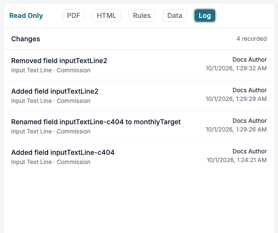 The Log tab lists the changes, newest first, with what was changed, who changed it and when