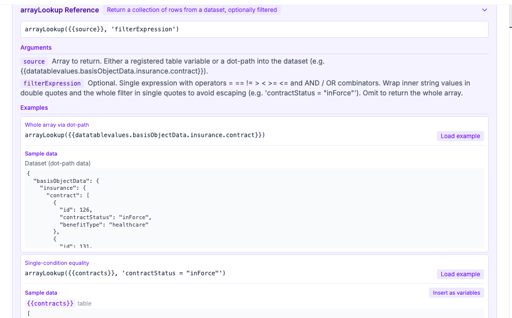 The arrayLookup reference with arguments, examples and sample data
