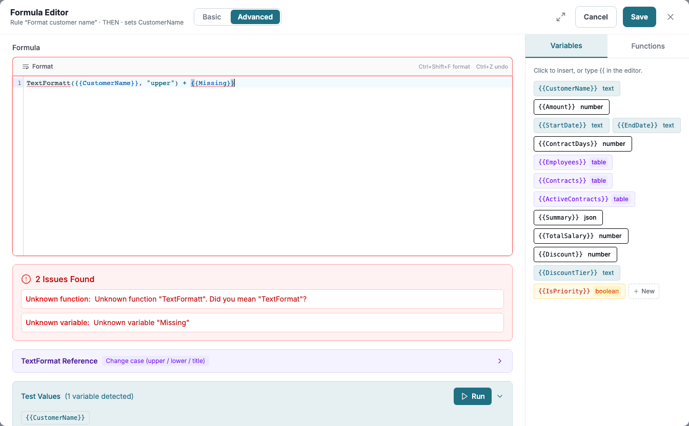 The Issues Found list with an unknown function and an unknown variable