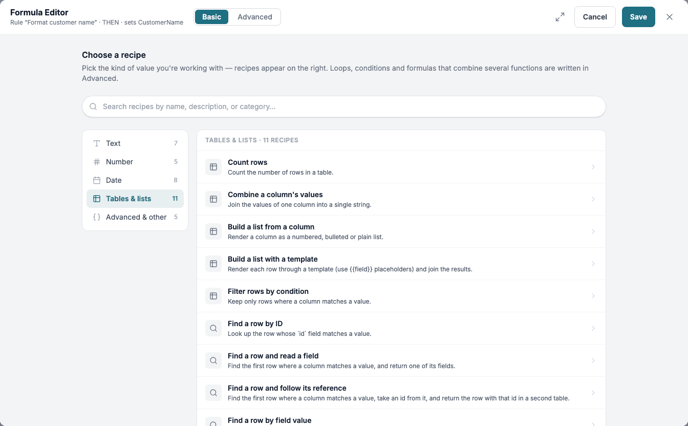 The recipe list for Tables and lists