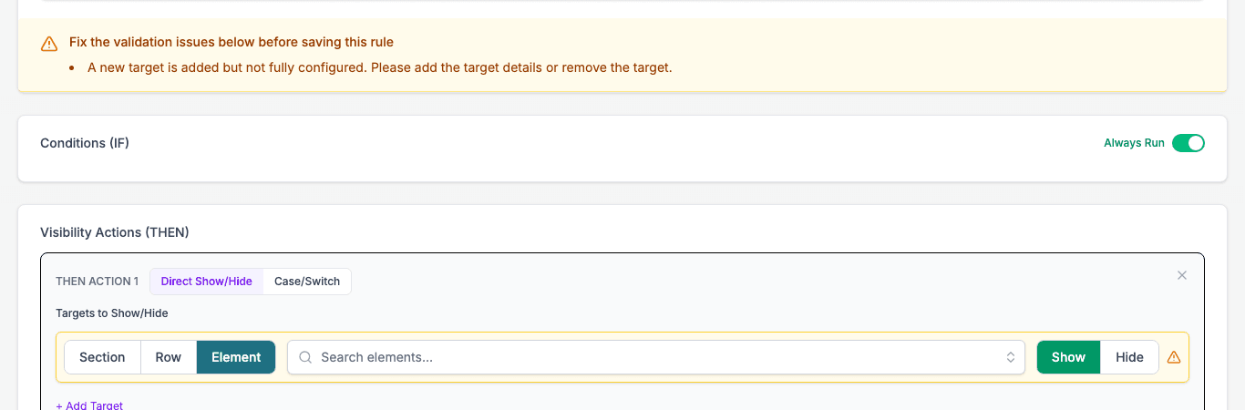 The message about a target that is not configured