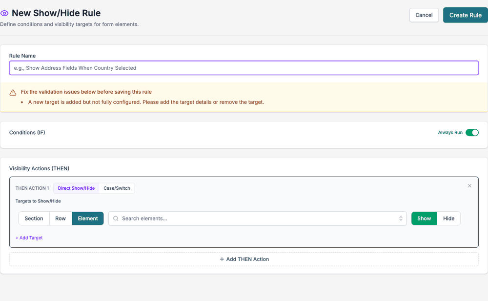 Creating the rule Show company details that shows a section when Customer type is Company