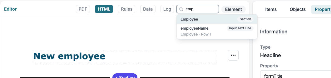 The results for emp: the section Employee and the element employeeName