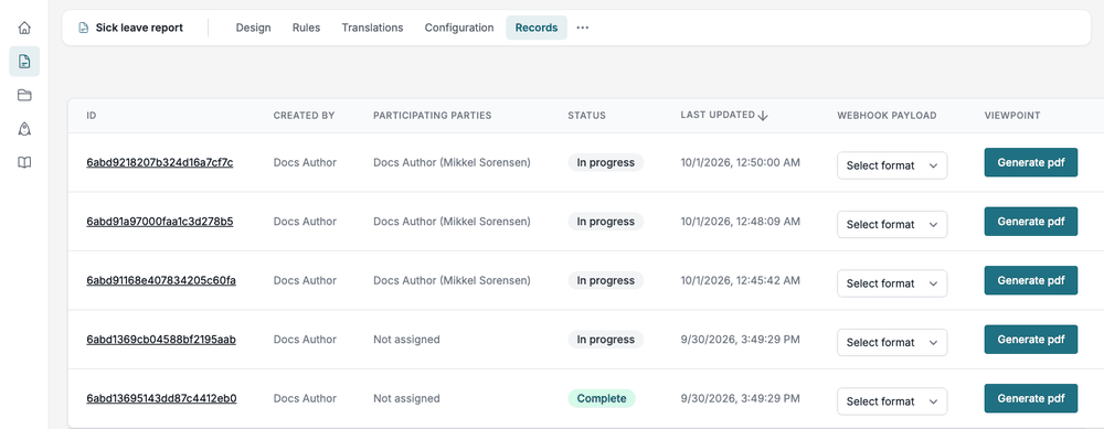 The Records tab, then the queued message with Close and View progress, then the Generate PDF screen with its progress bar filling and the Download result button.
