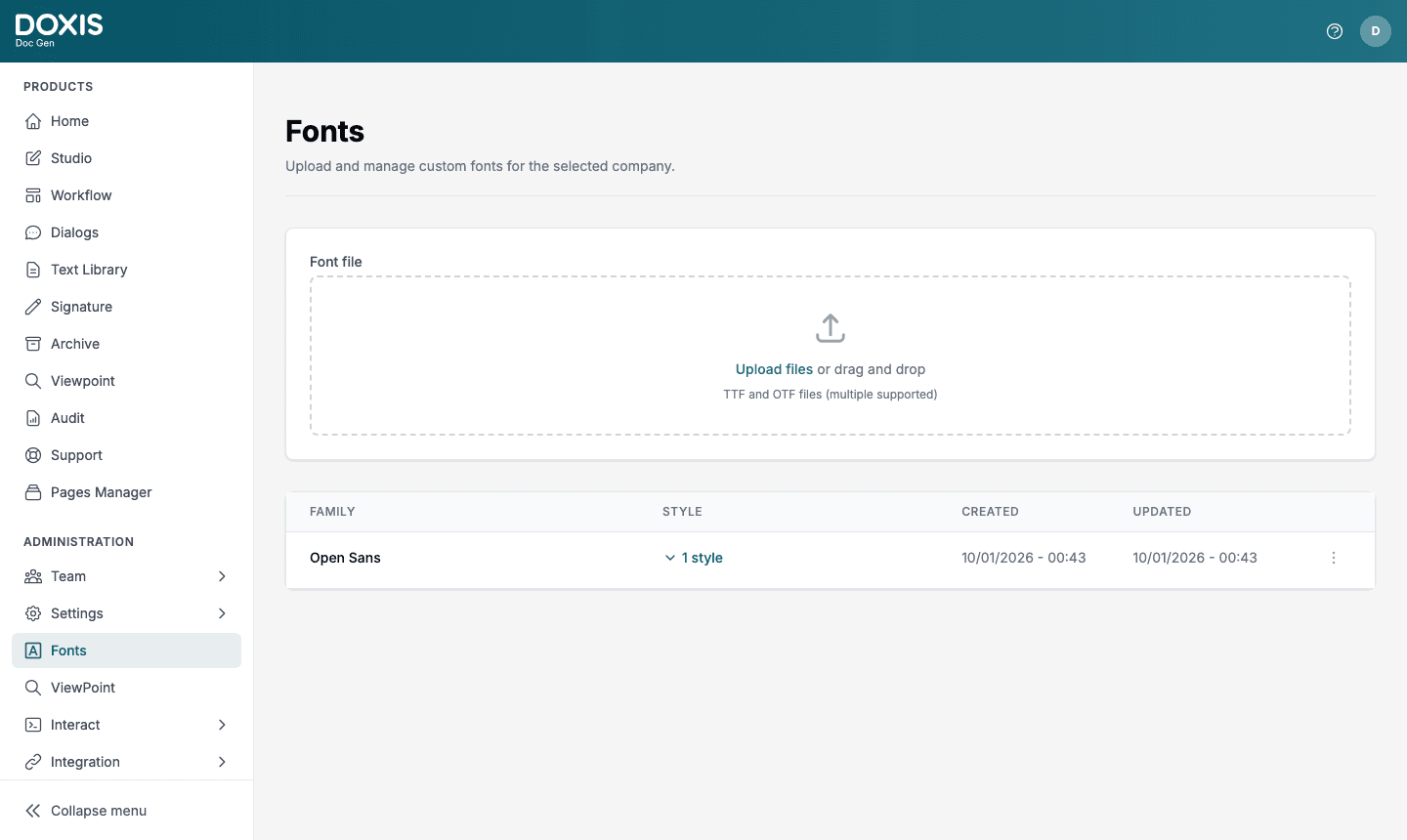 The Fonts page in Administration with the Upload files box, and a table with the family Open Sans.