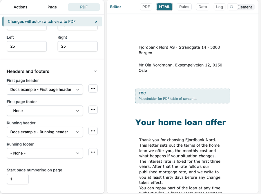 Choosing Docs example - Running footer in the Running footer dropdown. The middle area switches from the HTML view to the PDF view of the document.