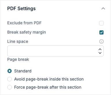 PDF Settings of a footer section with Break safety margin ticked.