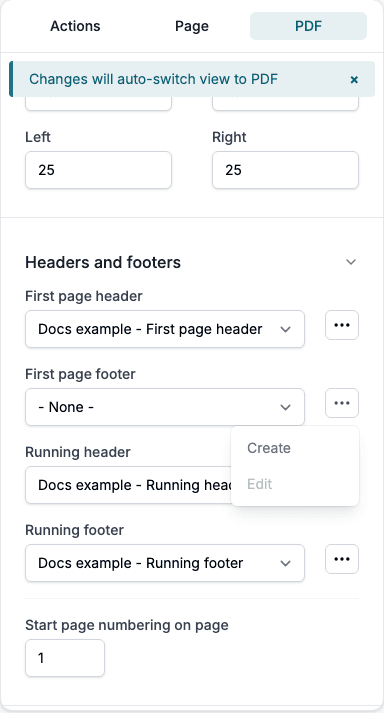 The Headers and footers section with a first page header, a running header and a running footer chosen. The ... menu of First page footer is open with Create, and a grey Edit because that dropdown is on - None -.