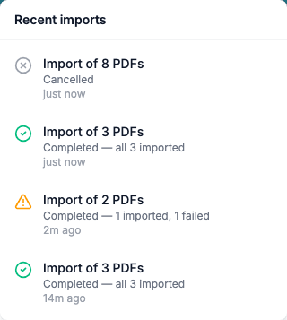 The Recent imports list with four imports: Cancelled, Completed with all 3 imported, Completed with 1 imported and 1 failed, and Completed with all 3 imported.