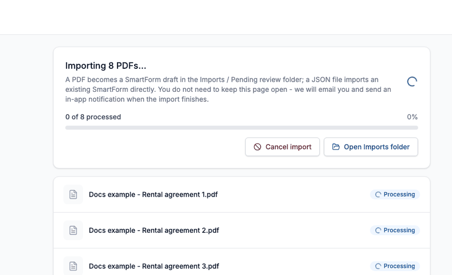 A short recording. An import of 8 PDFs is processing, the question Cancel this import is shown, and the page then says Import cancelled with every file marked Cancelled.